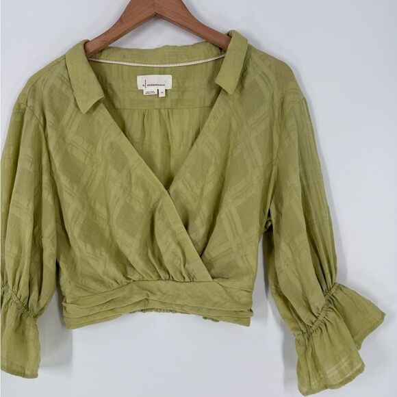 Anthropologie Cropped Bell Sleeve Wrap Top in Green | Size XS - Picture 3 of 7